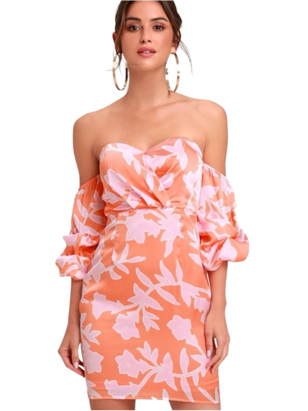 NWT Lulus Orange Floral Off-Shoulder Mini Dress Size M